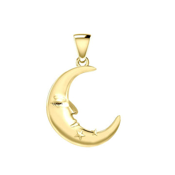 Crescent Moon Face with Stars Solid Gold Pendant GPD5642 - Jewelry